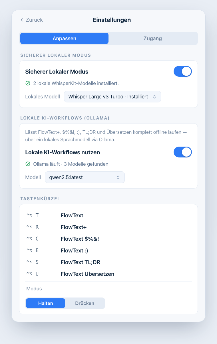 Einstellungen mit lokalem Modus, Ollama-Sektion und Tastenkürzel-Übersicht