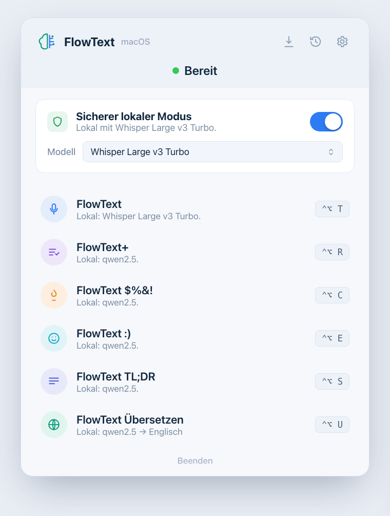 FlowText-Hauptmenü in der macOS-Menüleiste mit sieben Workflows und aktiviertem lokalen Modus