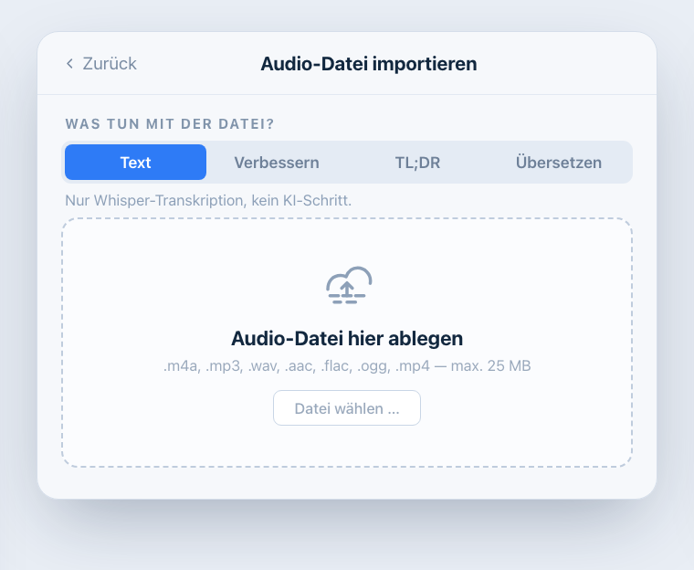 Audio-Datei-Import mit Modusauswahl und Ablagezone