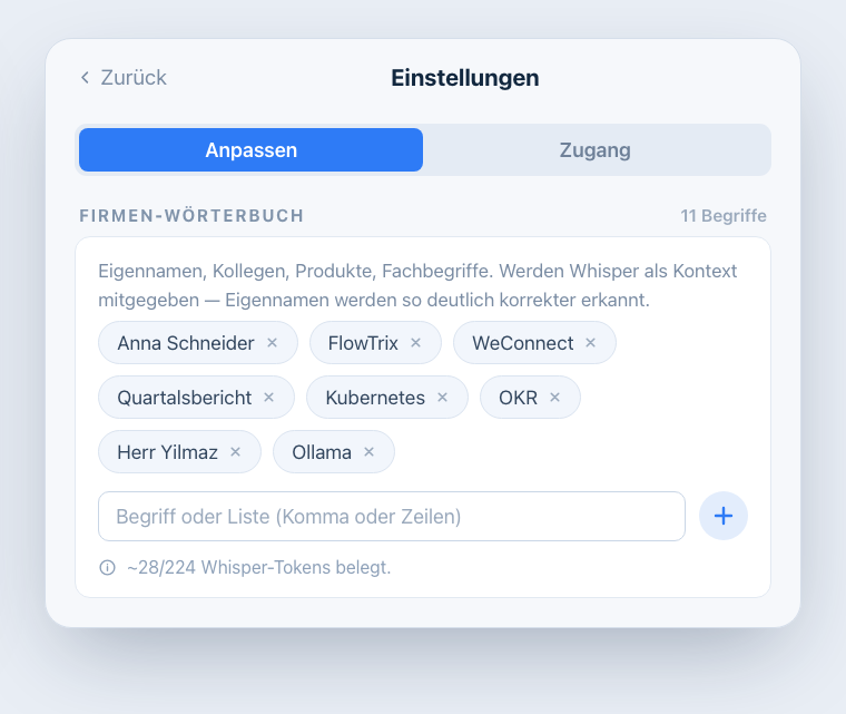 Firmen-Wörterbuch mit Begriffs-Chips und Token-Anzeige