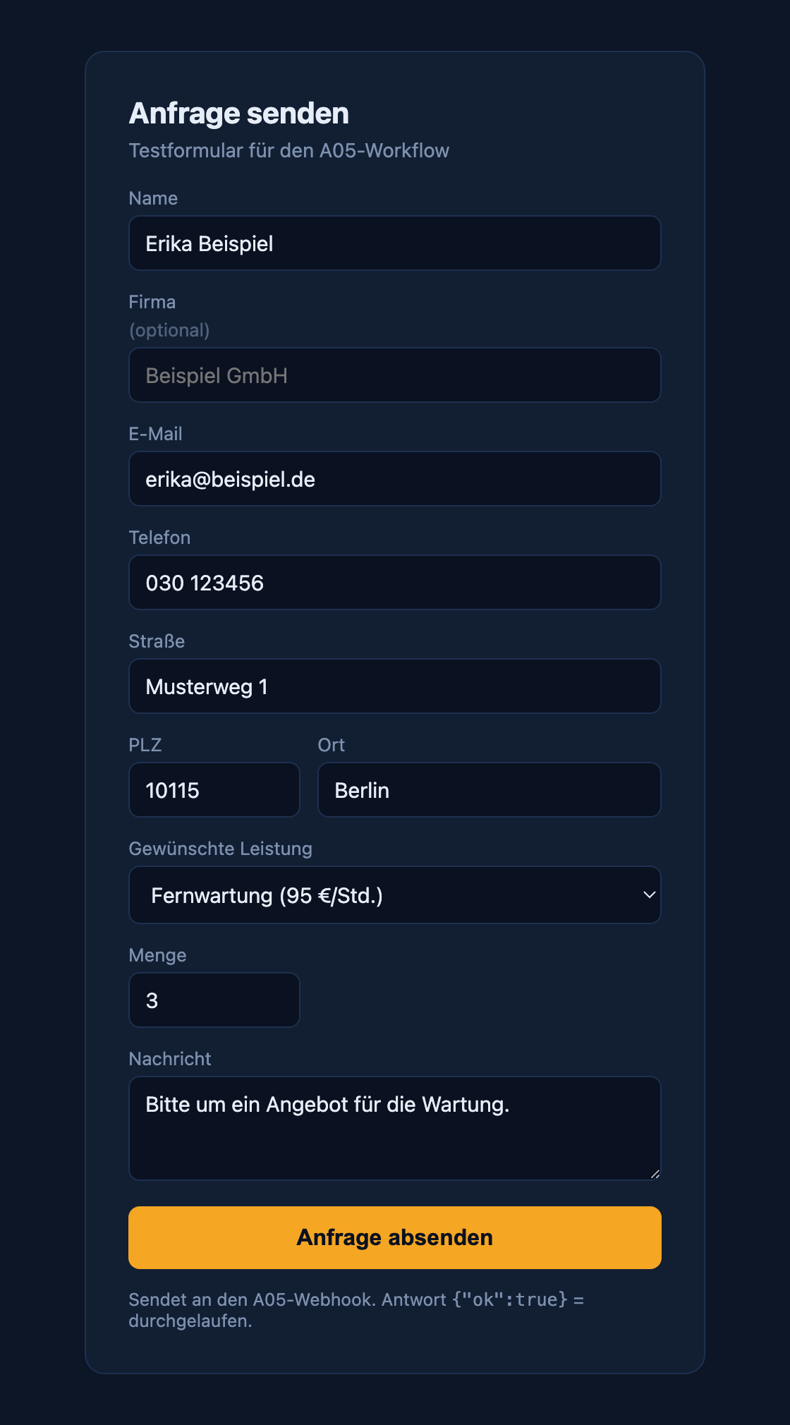 Kontaktformular mit Feldern für Name, Firma, E-Mail, Telefon, Anschrift, Leistungsauswahl, Menge und Nachricht