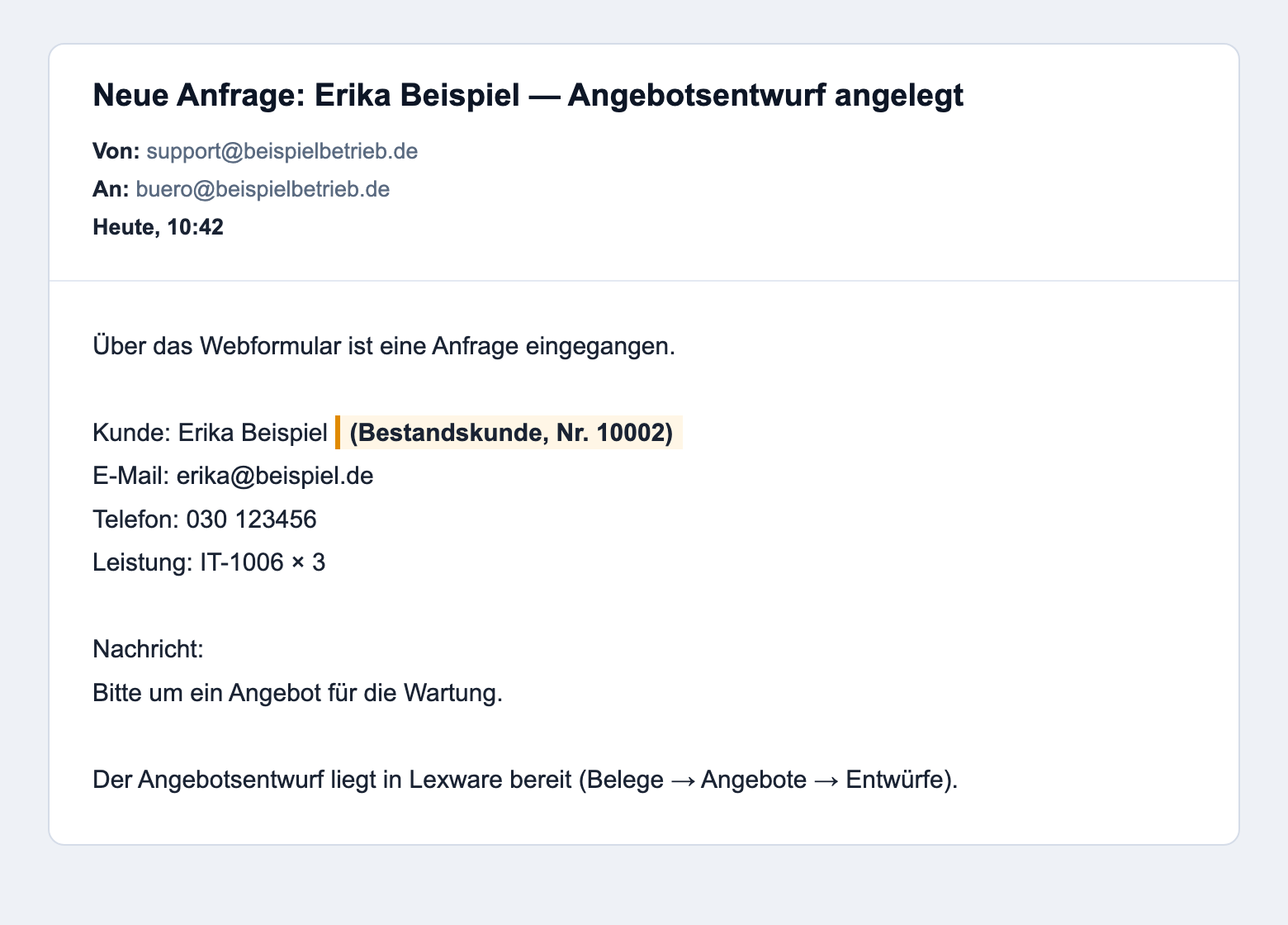 Interne E-Mail: Betreff mit Kundenname, im Text Kundendaten, Kennzeichnung als Bestandskunde mit Kundennummer, Leistung und Nachricht