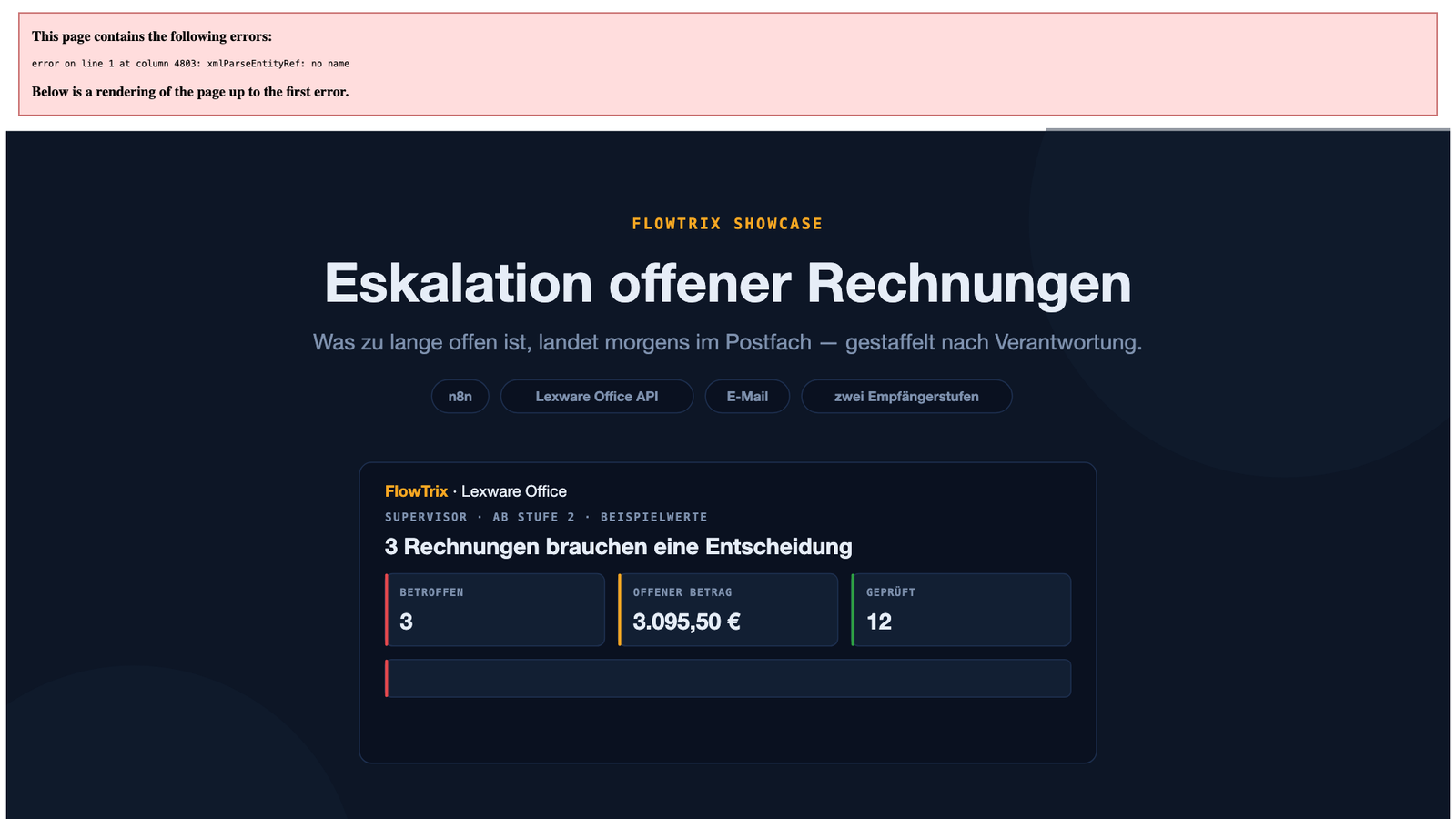 Titelgrafik: Bericht über überfällige Rechnungen mit Kennzahlen und Detailtabelle (Beispielwerte)