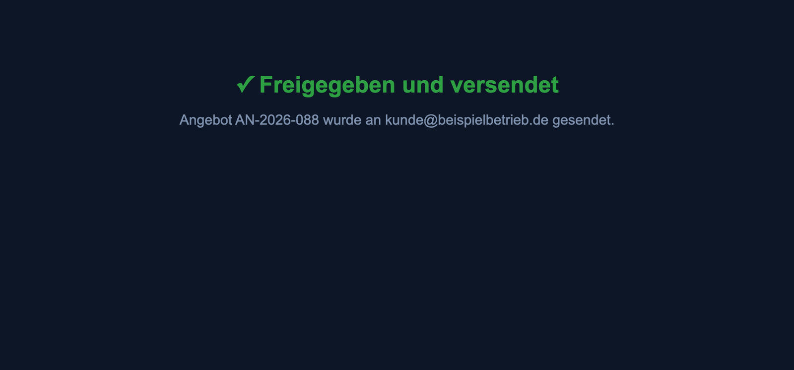 Ergebnisseite: Angebot freigegeben und an die Kunden-E-Mail versendet
