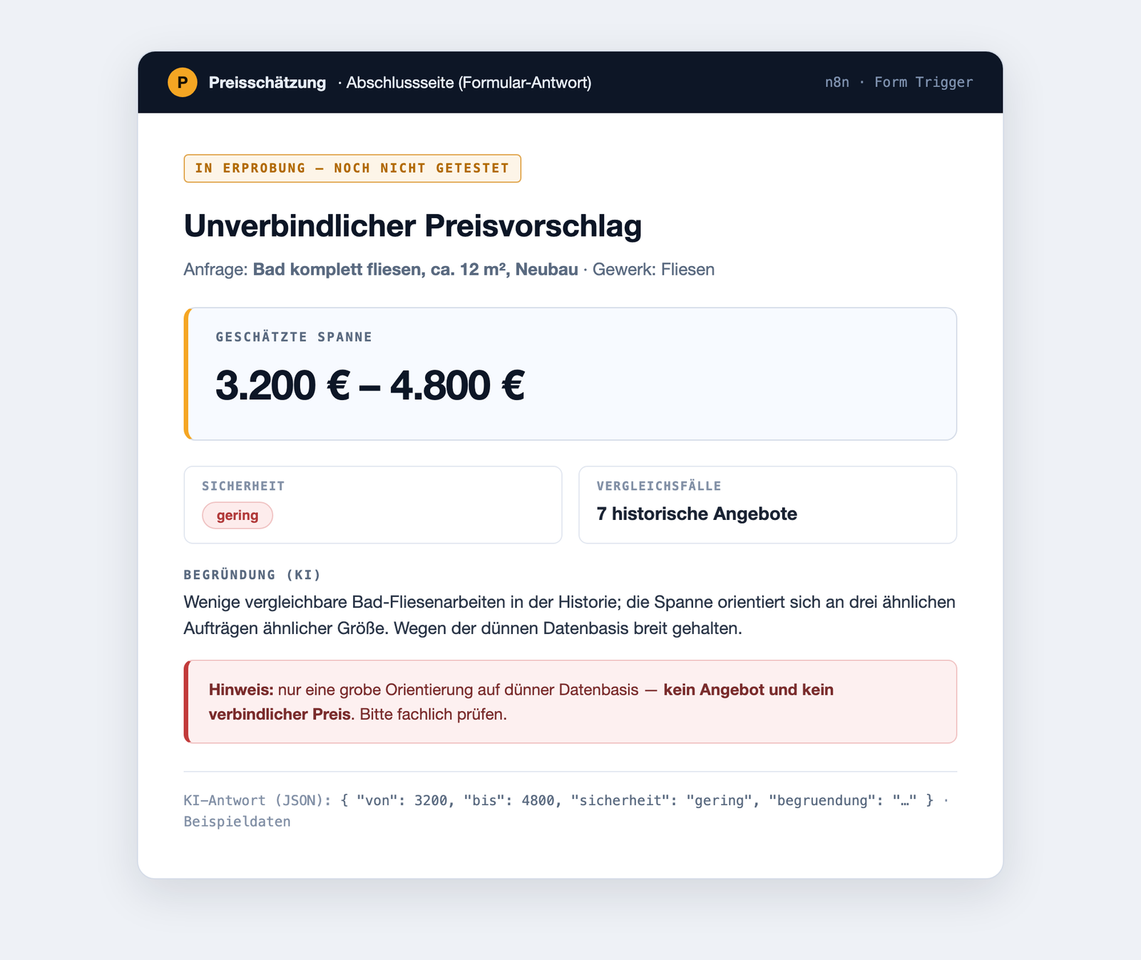 Abschlussseite mit unverbindlichem Preisvorschlag: geschätzte Spanne, Sicherheit gering, sieben Vergleichsfälle