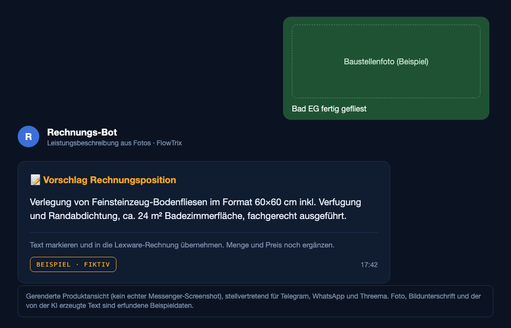 Telegram-Nachricht des Rechnungs-Bots mit einem KI-Vorschlag für die Rechnungsposition