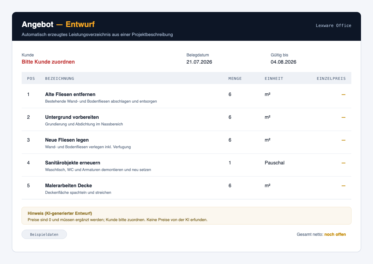 Erzeugtes Leistungsverzeichnis als Angebotsentwurf in Lexware: Positionsliste mit Menge und Einheit, Preise leer, Kunde als Platzhalter